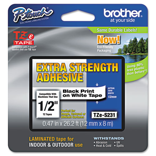 Brother P-Touch® TZe Extra-Strength Adhesive Laminated Labeling Tape, 1/2"w, Black on White