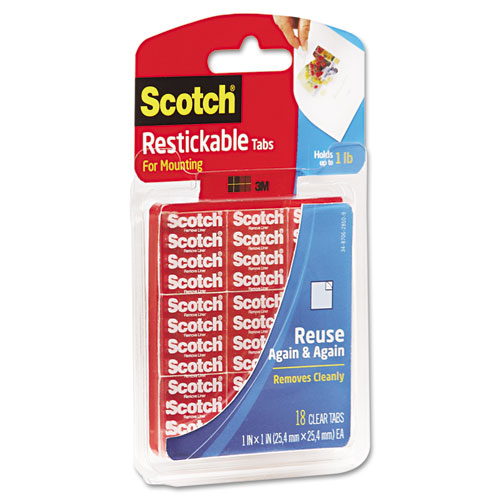 Image of Restickable Mounting Tabs, Removable, Repositionable, Holds Up to 1 lb (4 Tabs), 1 x 1, Clear, 18/Pack