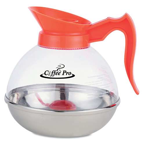 Image of Unbreakable Decaffeinated Coffee Decanter, 12-Cup, Stainless Steel/Polycarbonate, Orange Handle
