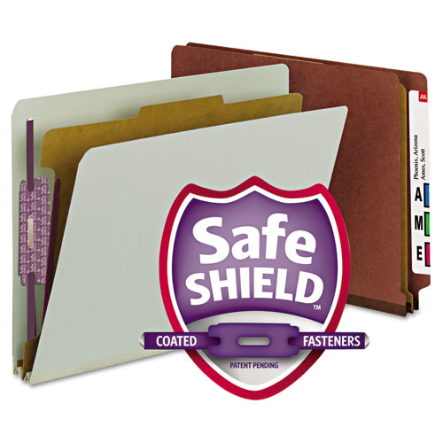 End Tab Pressboard Classification Folders with SafeSHIELD Coated Fasteners, 1 Divider, Letter Size, Red, 10/Box