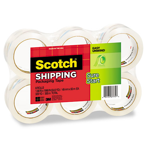 Sure Start Packaging Tape, 3" Core, 1.88" x 54.6 yds, Clear, 6/Box