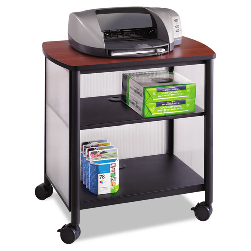 Safco® Impromptu Deskside Machine Stand, Metal, 3 Shelves, 100 lb Capacity, 26.25" x 21" x 26.5", Cherry/White/Black