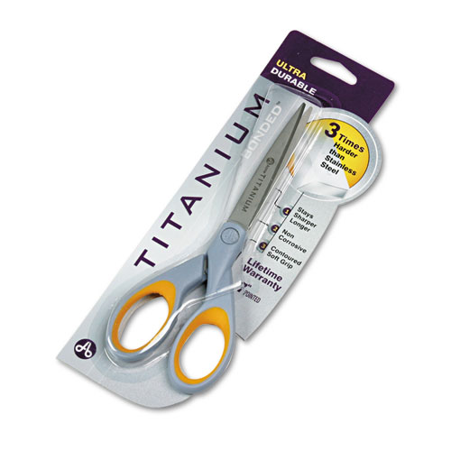 Titanium Bonded Scissors, Pointed Tip, 7" Long, 3" Cut Length, Gray/Yellow Straight Handle