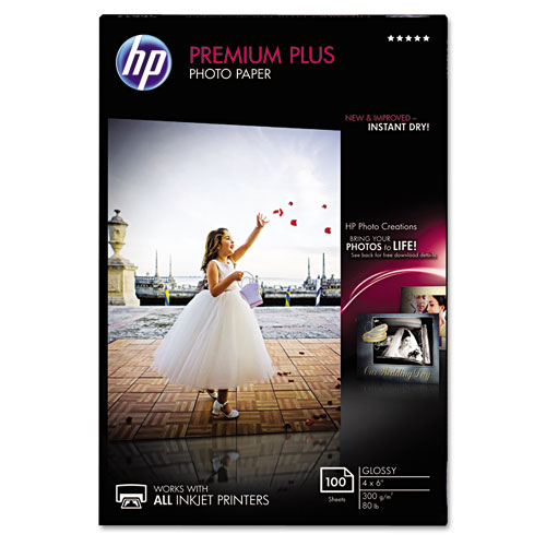HP Premium Plus Photo Paper, 11.5 mil, 4 x 6, Glossy White, 100/Pack