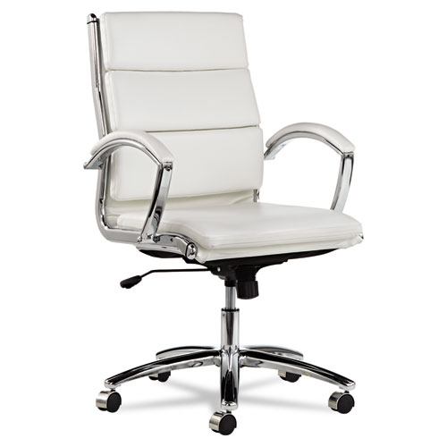 Alera® Neratoli Mid-Back Slim Profile Chair, Faux Leather, Up To 275 Lb, 18.3" To 21.85" Seat Height, White Seat/Back, Chrome