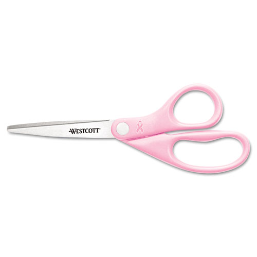 ALL PURPOSE PINK RIBBON SCISSORS, 8" LONG, 3.5" CUT LENGTH, PINK STRAIGHT HANDLE