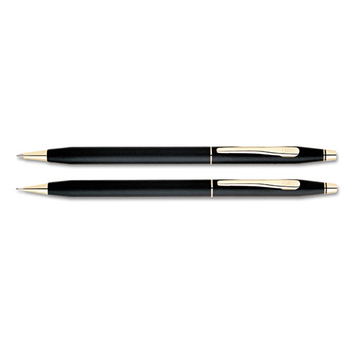 Classic Century Ballpoint Pen and Pencil Set, Medium Black Pen, Black HB Pencil, Black/Gold Barrel