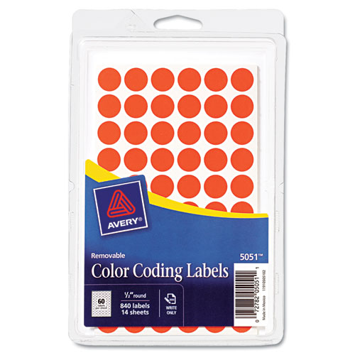 Avery® Handwrite Only Removable Round Color-Coding Labels, 1/2" dia, Neon Red, 840/Pack