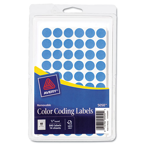 Avery® Handwrite Only Removable Round Color-Coding Labels, 1/2" dia, Light Blue, 840/PK
