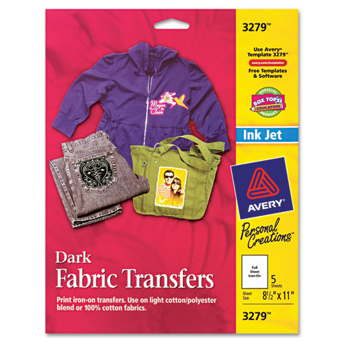 Avery® Dark Fabric Transfers for Inkjet Printers, 8 1/2 x 11, White, 5/Pack