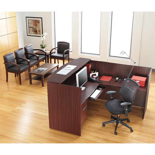 Image of Alera® Valencia Series Reception Desk With Transaction Counter, 71" X 35.5" X 29.5" To 42.5", Mahogany