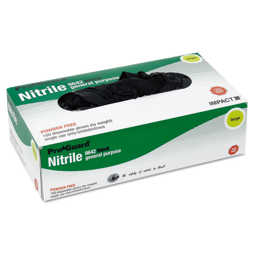 Proguard Disposable Nitrile Gloves, Powder-Free, Black, Large, 100/box