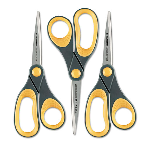 Image of Non-Stick Titanium Bonded Scissors, 8" Long, 3.25" Cut Length, Gray/Yellow Straight Handles, 3/Pack