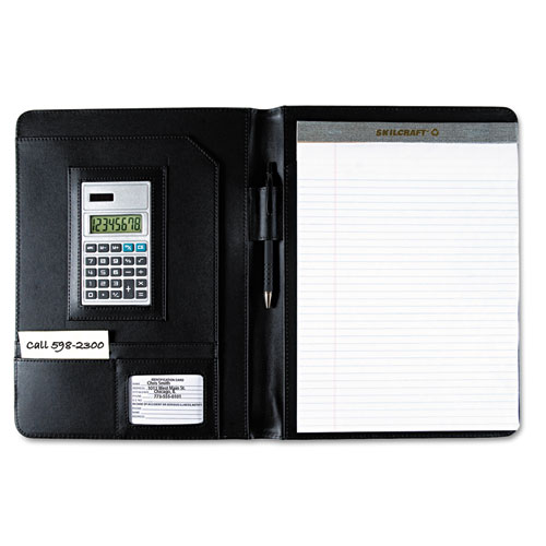 7510014844563 SKILCRAFT Black Leather Look Portfolio, Solar Calculator/Writing Pad/Pen