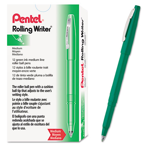 Rolling Writer Stick Roller Ball Pen, Medium 0.8mm, Green Ink/Barrel, Dozen