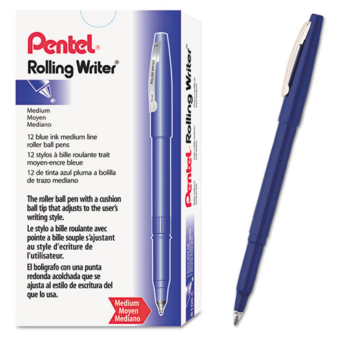 Image of Pentel® Rolling Writer Roller Ball Pen, Stick, Medium 0.8 Mm, Blue Ink, Blue Barrel, Dozen