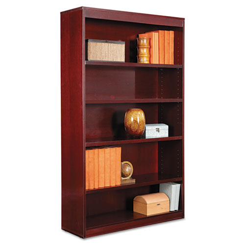 SQUARE CORNER WOOD VENEER BOOKCASE, FIVE-SHELF, 35.63"W X 11.81"D X 60"H, MAHOGANY