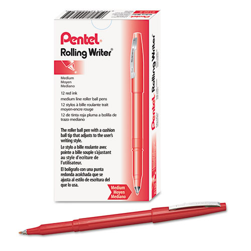 Image of Pentel® Rolling Writer Roller Ball Pen, Stick, Medium 0.8 Mm, Red Ink, Red Barrel, Dozen