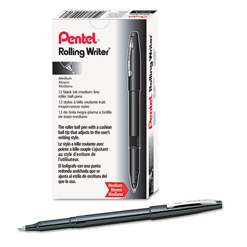 Rolling Writer Stick Roller Ball Pen, Medium 0.8mm, Black Ink/Barrel, Dozen