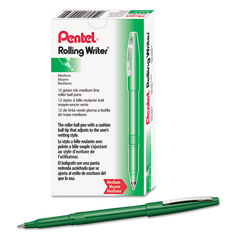 Image of Pentel® Rolling Writer Roller Ball Pen, Stick, Medium 0.8 Mm, Green Ink, Green Barrel, Dozen