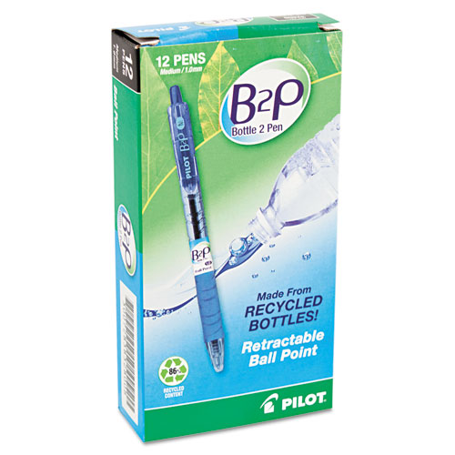 B2P Bottle-2-Pen Retractable Ballpoint Pen, 1mm, Blue Ink, Translucent Blue Barrel, Dozen