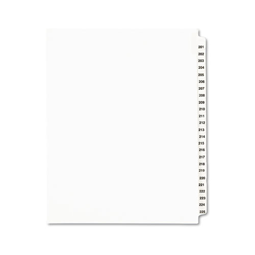 PREPRINTED LEGAL EXHIBIT SIDE TAB INDEX DIVIDERS, AVERY STYLE, 25-TAB, 201 TO 225, 11 X 8.5, WHITE, 1 SET, (1338)