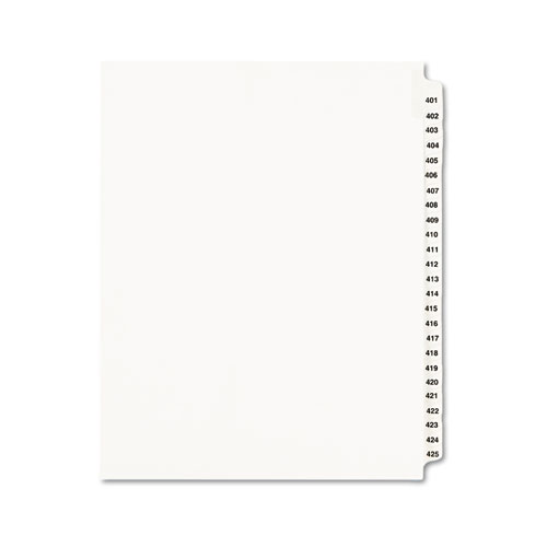 PREPRINTED LEGAL EXHIBIT SIDE TAB INDEX DIVIDERS, AVERY STYLE, 25-TAB, 401 TO 425, 11 X 8.5, WHITE, 1 SET, (1346)