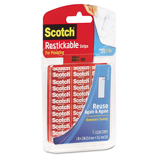 Image of Restickable Mounting Tabs, Removable, Holds Up to 1 lb, 1 x 3, Clear, 6/Pack