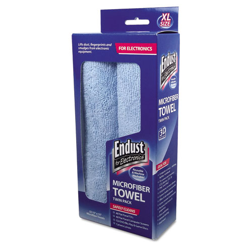 Endust® for Electronics Large-Sized Microfiber Towels Two-Pack, 15 x 15, Unscented, Blue, 2/Pack