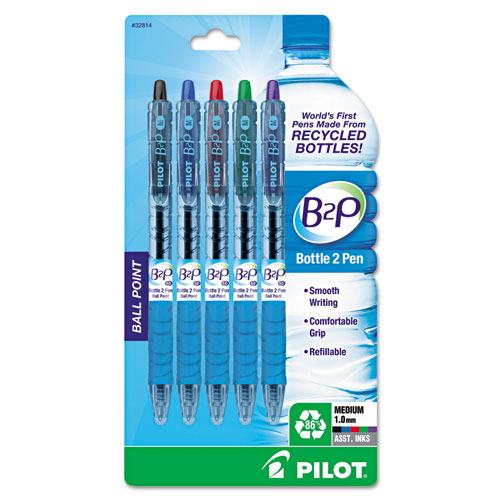 Image of B2P Bottle-2-Pen Recycled Ballpoint Pen, Retractable, Medium 1 mm, Assorted Ink Colors, Translucent Blue Barrel, 5/Pack