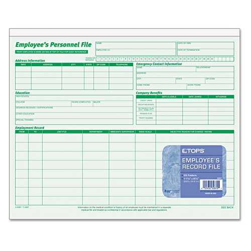 Image of Tops™ Employee'S Record File Folder, Straight Tabs, Letter Size, Index Stock, Green, 20/Pack