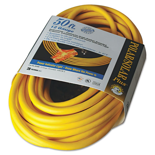 Polar/Solar Outdoor Extension Cord, 50ft, Three-Outlets, Yellow | by Plexsupply
