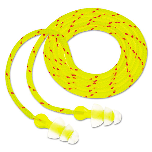 Tri-Flange Earplugs, Corded, 26 dB NRR, Yellow/Orange, 100 Pairs