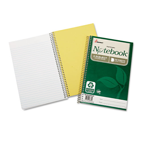 7530016002020 SKILCRAFT Recycled Notebook, 3 Subject, Medium/College Rule, Green Cover, 9.5 x 6, 150 Sheets, 3/Pack