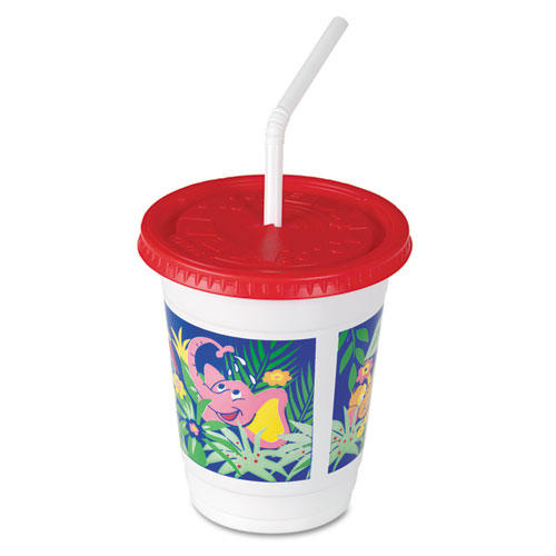 Dart® Plastic Kids' Cups with Lids/Straws, 12 oz, Jungle Print, 250 Cups, 250 Lids, 250 Straws/Carton