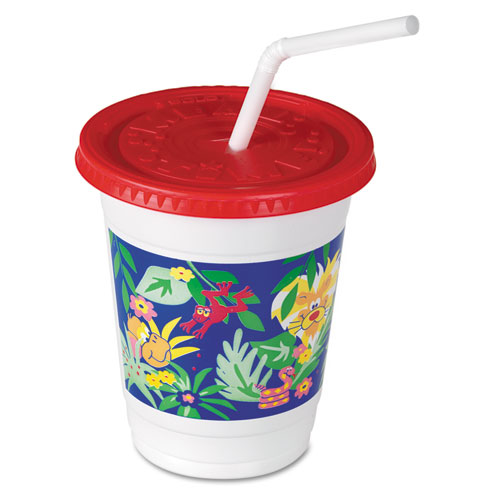 Image of Plastic Kids' Cups with Lids/Straws, 12 oz, Jungle Print, 250 Cups, 250 Lids, 250 Straws/Carton