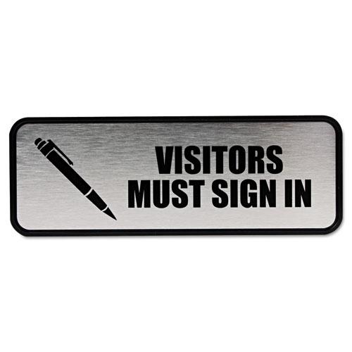 COSCO Brushed Metal Office Sign, Visitors Must Sign In, 9 x 3, Silver