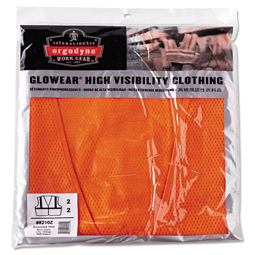 Image of GloWear 8210Z Class 2 Economy Vest, Polyester Mesh, Zipper Closure, Large to X-Large, Orange