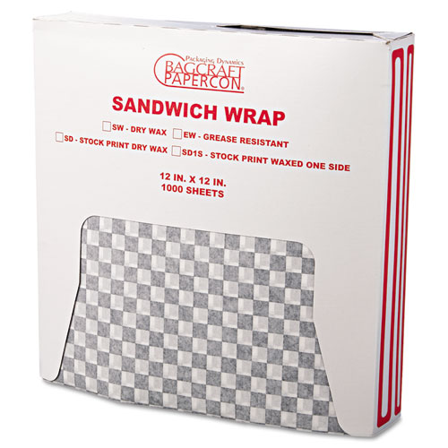 Image of Grease-Resistant Paper Wraps and Liners, 12 x 12, Black Check, 1,000/Box, 5 Boxes/Carton