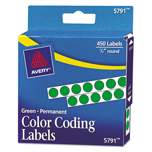 Handwrite-Only Permanent Self-Adhesive Round Color-Coding Labels in Dispensers, 0.25" dia., Green, 450/Roll, (5791)