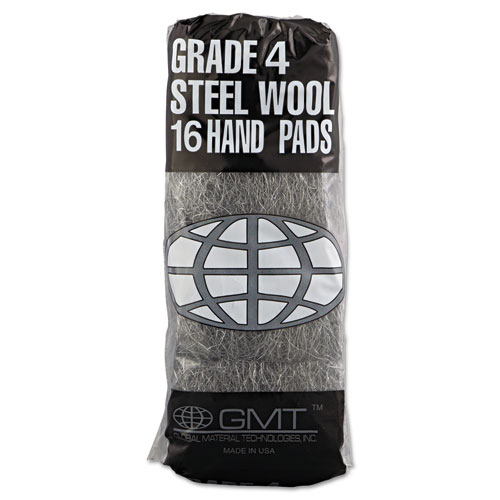 Image of Industrial-Quality Steel Wool Hand Pads, #4 Extra Coarse, Steel Gray, 16 Pads/Sleeve, 12 Sleeves/Carton