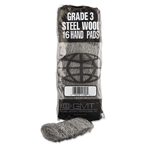 Industrial-Quality Steel Wool Hand Pads, #3 Medium, Steel Gray, 16 Pads/Sleeve, 12 Sleeves/Carton