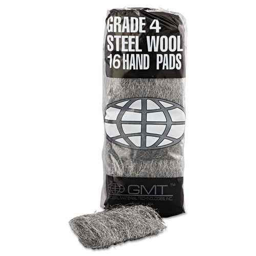 Industrial-Quality Steel Wool Hand Pads, #4 Extra Coarse, Steel Gray, 16 Pads/Sleeve, 12 Sleeves/Carton
