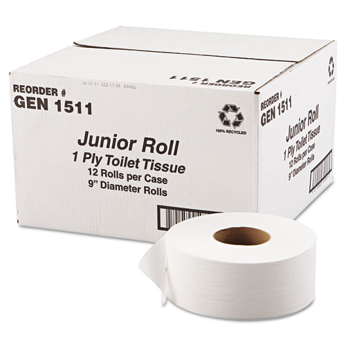 JRT Jumbo Bath Tissue, Septic Safe, 1-Ply, White, 9" dia, 3.5 x 1,200 ft, 12 Rolls/Carton