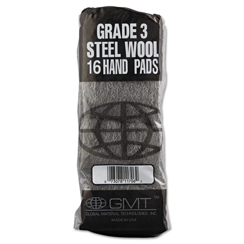 Image of Industrial-Quality Steel Wool Hand Pads, #3 Medium, Steel Gray, 16 Pads/Sleeve, 12 Sleeves/Carton