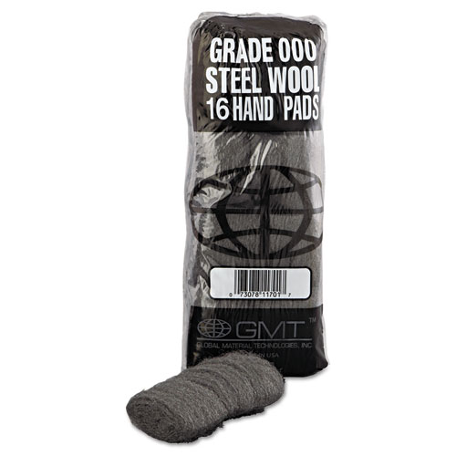 Image of Gmt Industrial-Quality Steel Wool Hand Pads, #000 Extra Fine, Steel Gray, 16 Pads/Sleeve, 12 Sleeves/Carton