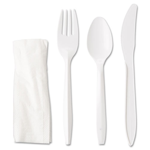 Wrapped Cutlery Kit, Fork/Knife/Spoon/Napkin, Mediumweight, Polypropylene Plastic, White, 250/Carton