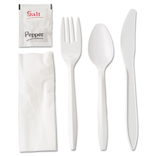 Wrapped Cutlery Kit, Fork/Knife/Spoon/Napkin/Salt/Pepper, Polypropylene, White, 250/Carton