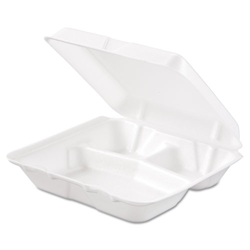 Image of Dart® Foam Hinged Lid Containers, 3-Compartment, 7.5 X 8 X 2.3, White, 200/Carton