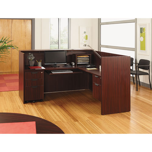 Image of Alera® Valencia Series Reception Desk With Transaction Counter, 71" X 35.5" X 29.5" To 42.5", Mahogany